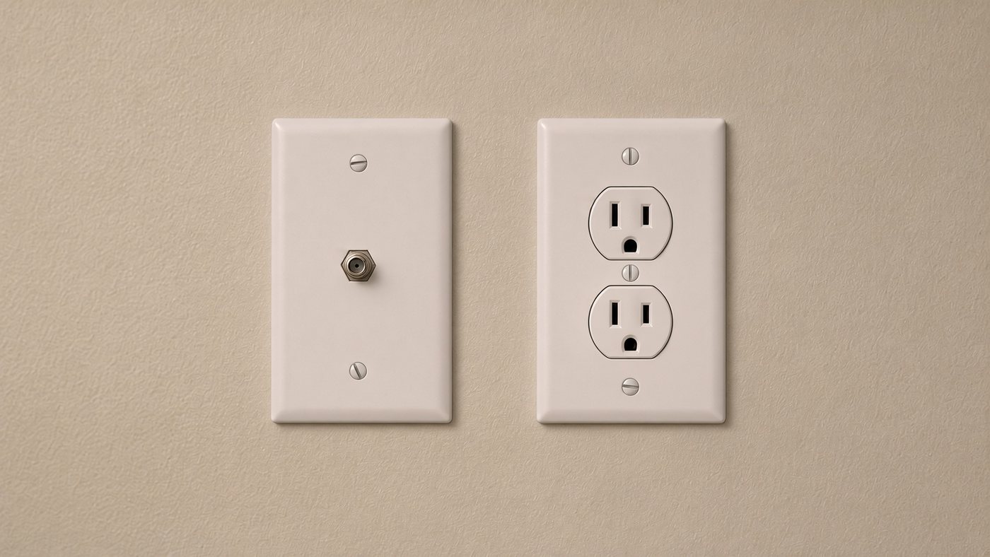A coaxial cable jack and a standard electrical outlet side by side on a wall